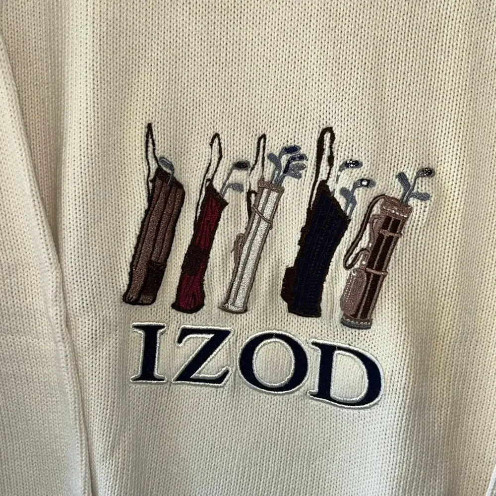 Vtg Izod Sweater Pull Over Embroidered Golf Clubs 100% Cotton Knit Cream Large